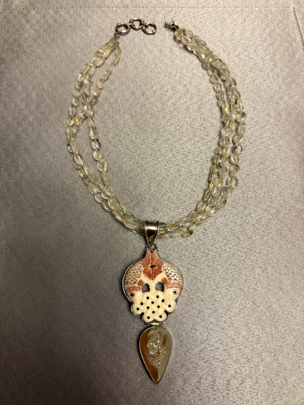 Unique! Carved Fish Pendant Necklace - Sterling Silver with Quartz Beads